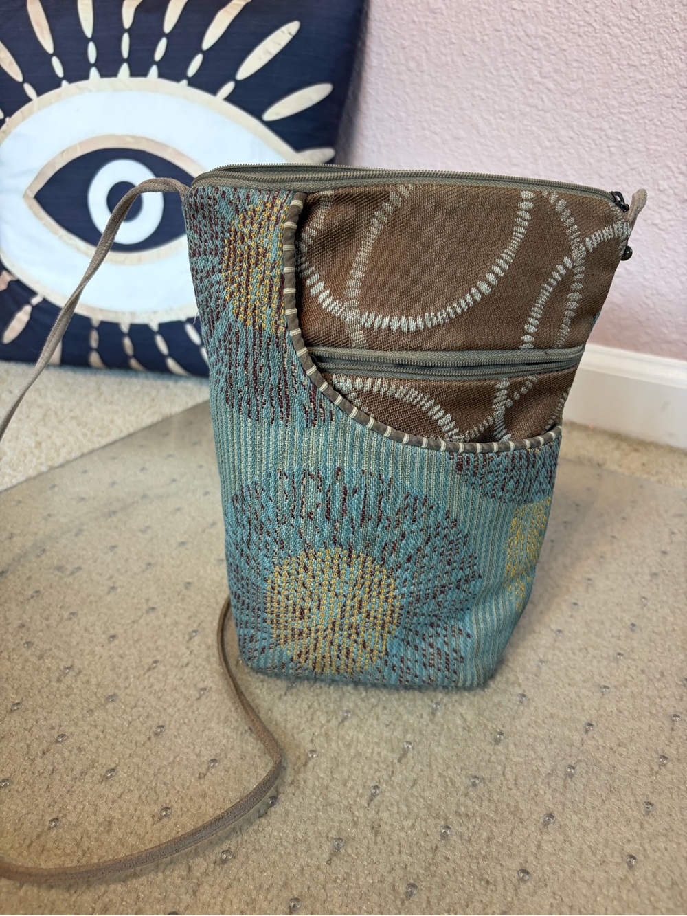 Maruca Handmade Crossbody Bag Teal Brown Floral Jacquard Little Buddy